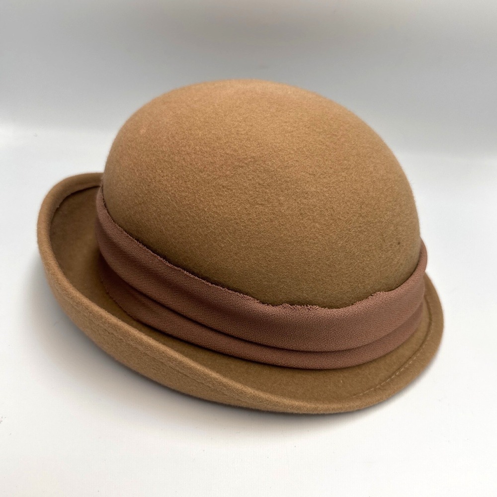 Cloche Hat 100% Wool Felt W/Fabric accent Asymmetrica Brim Womens Camel Retro‎ - Picture 4 of 8